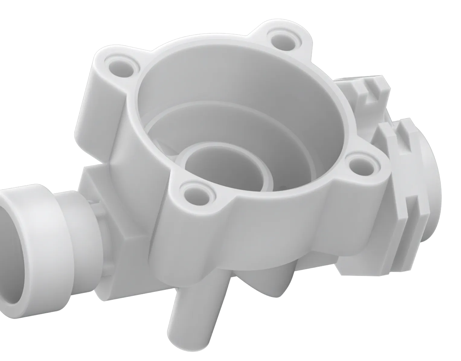 Coque blanche moulée par injection : logement cylindrique avec moyeu central, quatre œillets de fixation percés, piquage latéral et raccord nervuré sur le flanc.